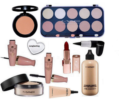 

Longlasting Silicon puff& 10 Shades Concealer Palette, 9 To 5 Eyeliner & Mascara, Matte Finish Lipstick, Black Stick Kajal, Face And Body Foundation, select coverup concealer, Loose Powder Compact, Blusher Compact(Set of 10)