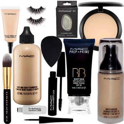 

professional kit Silicon Puff, Sponge Puff, Eyelashes, Make Up Brush, Mac Face And Body & Match Master Foundation, B B Cream, Studio Fix Powder Compact, Eyeliner With Mascara(Set of 11)