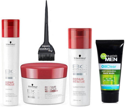 

Pro longwear combo Of Hair Brush,Schwarzkopf Bc Bonacure Repair Rescue Hair Shampoo, Conditioner & Masque, Garnier Men Oil Clear deep cleansing Facewash, 100g(Set of 5)
