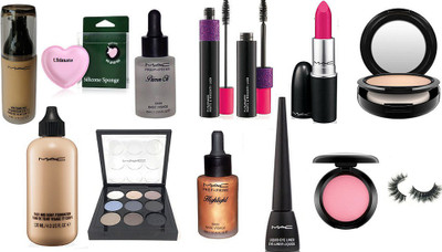 

Ultimate Silicon Puff With Face And Body Foundation And match master Foundation & Pink Shade Blusher,Prep+Primer Highlight,Primer Oil,Studio Fix Compact,Matte Finish Long Lasting Lipstick,9 Shades Eye Shadow palette,Contact Lens,Eyelashes,Haute And nauty 