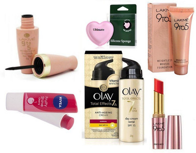 

Ultimate Silicon puff With Olay total Anti Ageing Cream 20g ,Nivea Lip Balm With Lakme 9to5 Mousse Foundation 6gm,Liquid Eyeliner(Set of 5)