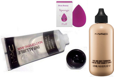 

divas beauty Sponge Puff & Mac Infallible Matifying Base Face Primer Gel Liquid Foundation Face & Body 120 ml(Set of 3)