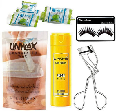 

Marvalous eyelashes With Unwax Granulated Wax, Lakme Sun Expert UV Lotion, Magic Napkin pack of 5 with eye lash curler(Set of 9)