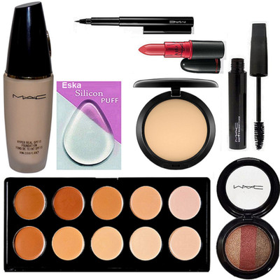 eska Silicon Puff, Hyper Real Foundation, Compact,Lady Gaga Lipstick, Pen Liner, Haute and Naughty Mascara,10 Shade Concealer Palette, 3 Color Eyeshadow(Set of 8)