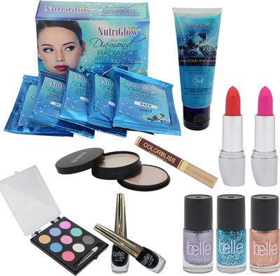 

NutriGlow Set of 1 Diamond Radiance facial kit + 1 Diamond Radiance face wash + 1 Sindoor + 1 Compact + 1 Eye shadow + 2 Eye liner 3 Nail paints + 2 Lipsticks(Set of 1)