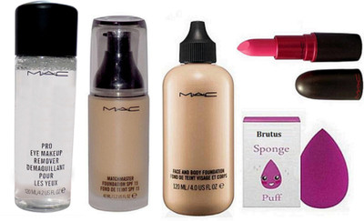

BRUTUS Sponge Puff, Mac Face and Body Foundation, MatchMaster Foundation, Lady gaga pink Matte Finish Lipstick, Mineralize Charged Water Cleaner Nettoyant Eye Makeup Remover(Set of 5)