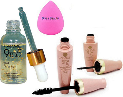 

divas beauty Sponge Puff,Gold Radiance Youth Infinity Skin Face Serum, 9to5 Liquid Eyeliner & Mascara(Set of 4)
