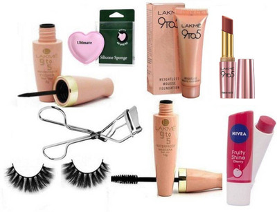 

Ultimate Silicon Puff And Lip Balm With Mousse Foundation 6gm,Liquid Eyeliner With Mascara & Primer+Matte Lipstick & Eyelashes Curler,Eyelashes(Set of 8)