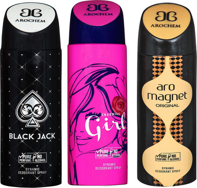 

AROCHEM BLACK JACK , CHARMING GIRL AND ARO MAGNET DYNAMIC PURE Deodorant Spray - For Men & Women(200 ml, Pack of 3)