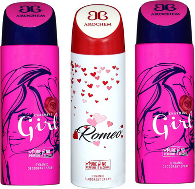 

AROCHEM CHARMING GIRL , ROMEO AND CHARMING GIRL DYNAMIC PURE Deodorant Spray - For Men & Women(200 ml, Pack of 3)