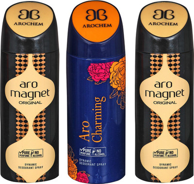 

AROCHEM ARO MAGNET , ARO CHARMING AND ARO MAGNET DYNAMIC PURE Deodorant Spray - For Men & Women(200 ml, Pack of 3)