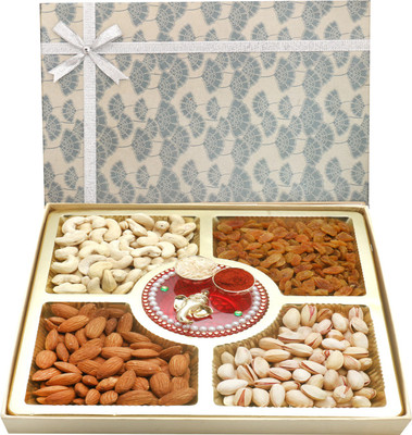 

Ghasitaram Gifts Grey Print Dryfruit Box with Mini Pooja Thali Combo(5)