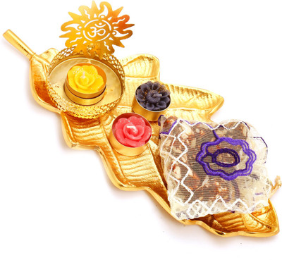 

Ghasitaram Gifts Sugarfree Sweets-Golden Leaf Thali/ Platter with Om T-Lite and Sugarfree Mix Pouch Combo(3)