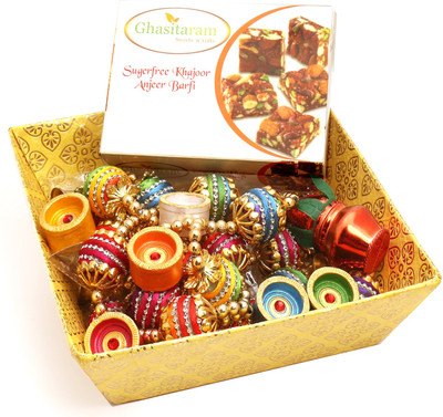 

Ghasitaram Gifts Sugarfree Sweets-Yellow Basket Basket with Sugarfree Mix, Toran and Diyas Combo(9)