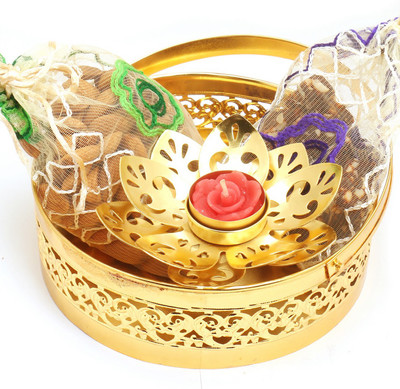

Ghasitaram Gifts Sugarfree Sweets-Round Golden Basket with alomnds, Sugarfree bites Pouches and Golden T- Lite Combo(4)