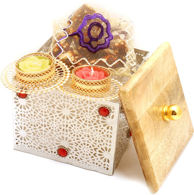 

Ghasitaram Gifts Sugarfree Sweets-Silver Wooden Box with Sugarfree Dates and Figs Bites Pouch and 2 T-Lites Combo(5)