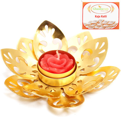

Ghasitaram Gifts Diwali T-Lites- Golden Flower T-Lite with Kaju Katli Combo Combo(400 g)