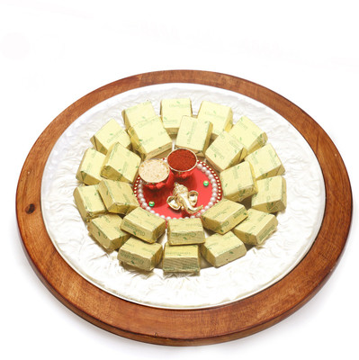 

Ghasitaram Gifts Silver Wooden Chocolate Platter with Mini Pooja Thali Combo(2)