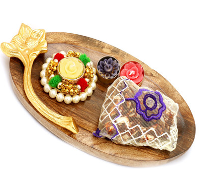 

Ghasitaram Gifts Sugarfree Sweets-Wooden Pooja Thali/ Platter with Pearl T-Lite and Sugarfree Mix Pouch Combo(3)