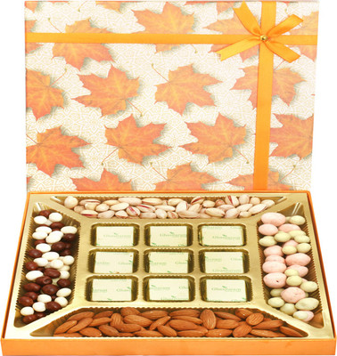 

Ghasitaram Gifts Orange Print Almonds, Pistachios, Nutties, Fruit Coated Chocolates and 9 pcs Chocolate Box Combo(5)