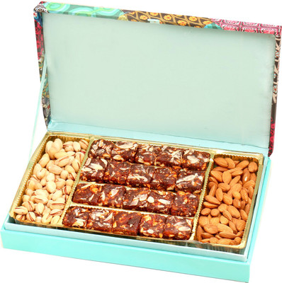 

Ghasitaram Gifts Sugarfree Sweets-Festive Wooden Hamper box with Sugarfree Dates and Figs Bites, Almonds and Pistachios Combo(4)