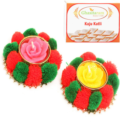 

Ghasitaram Gifts Diwali T-Lites- Set of 2 Pom Pom T-Lites with 400 gms Kaju Katli Combo(3)