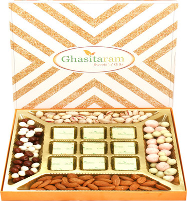 

Ghasitaram Gifts Ghasitaram Special Almonds, Pistachios, Nutties, Fruit Coated Chocolates and 9 pcs Chocolate Box Combo(5)