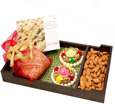 

Ghasitaram Gifts Green Wooden Tray Hamper of Soa Papdi, Namkeen, Almonds and T-lites Combo(4)