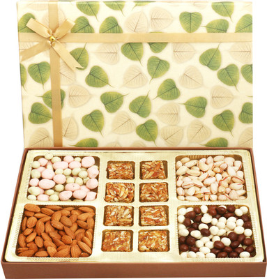 

Ghasitaram Gifts Green Leaf Almonds, Pistachios, Nutties, Fruit Coated Chocolates and 8 pcs Roasted Almond Bites Box Combo(5)