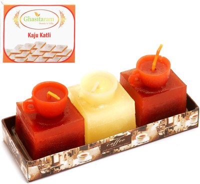 

Ghasitaram Gifts Diwali Candles Set of 3 Coffee Cups Scented Candles with kaju Katli Combo Combo(400 g)