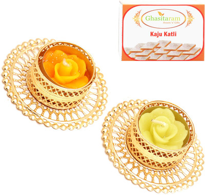 

Ghasitaram Gifts Diwali T-Lites- Set of 2 Golden T-Lites with Kaju Katli Combo Combo(200 g)