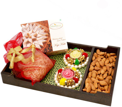 

Ghasitaram Gifts Green Wooden Tray Hamper of Kaju Katli, Namkeen, Almonds and T-lites Combo(4)