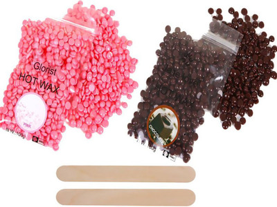 

glorist Rose Pink beans wax And 100 gms Dark chocolate beans wax green beans wax hard beans wax beans stripless no pain bikini wax Wax with wooden sticks. Wax (200 g) Wax(200 g, Set of 2)