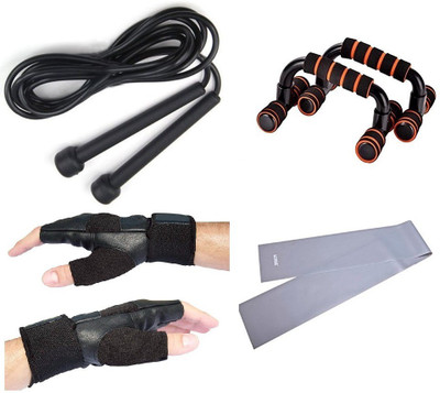

Krazy Fitness Fitness Accessories Combo 4 in 1 Skipping Rope + Push-up Bars + Gym Gloves & Thera Band Gym & Fitness Kit