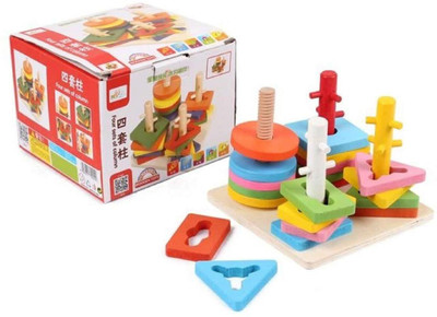 

M-Alive Block Wise Disk Four Column Set Wooden Puzzle Montessori Geometry Match Intelligence Game Building Blocks Wooden Educational Toy(Multicolor)