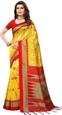 HashTag Fashion Graphic Print Fashion Cotton, Cotton Silk Saree(Yellow, Red) Flipkart