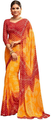 AJS Printed, Dyed Bandhani Chiffon Saree(Orange, Red) Flipkart
