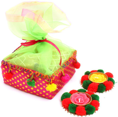 

Ghasitaram Gifts Dryfruits hamper-Colourful Almonds Pouch with 2 T-lites Combo(4)