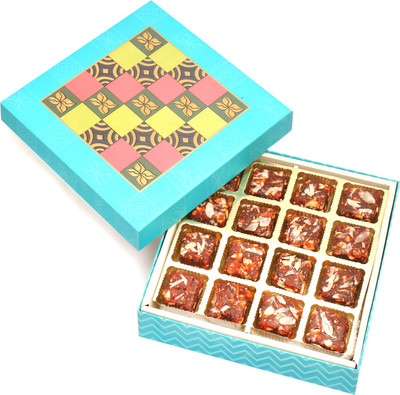

Ghasitaram Gifts Sugarfree Sweets-Blue Colourful Print 16 Pcs Sugarfree Dates and Figs Bites Box(320 g, Box)
