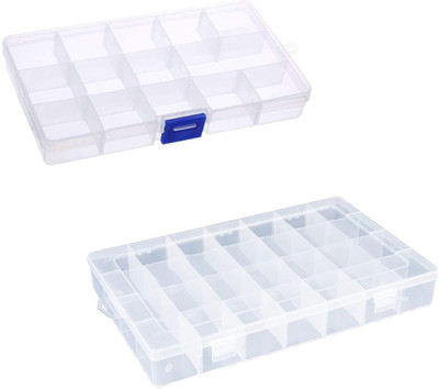 

RKPM 15/24 Grid Cells Multipurpose Clear Transparent Plastic Storage Box with Removable Dividers- Combo 2 Pcs(1+1) Storage Box Vanity Box(White)
