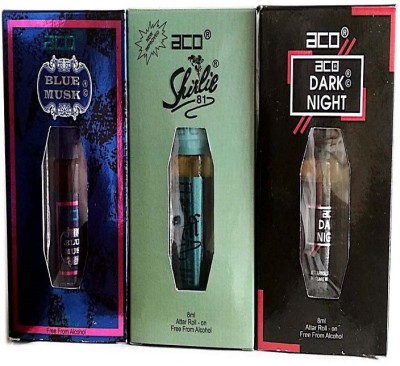 aco PERFUMES aco BLUE MUSK, SHIRLIE, DARK NIGHT 8ML attar roll on pack of 3 Floral Attar(Leather)