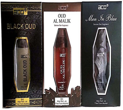 

aco PERFUMES aco BLACK OUD, OUD AL MALIK, MEN INBLUE, 8ML attar roll on pack of 3 Floral Attar(Citrus)