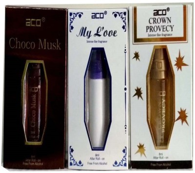aco PERFUMES aco CHOCO MUSK, MY LOVE, CROWN PROVECY, 8ML attar roll on pack of 3 Floral Attar(Citrus)