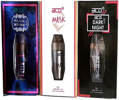 aco PERFUMES aco BLUE MUSK, MUSK, DARK NIGHT 8ML attar roll on pack of 3 Floral Attar(Leather)