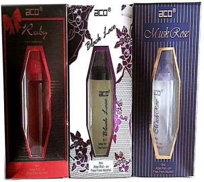 aco PERFUMES aco RUBY, BLACK LACE, MUSK ROSE, 8ML attar roll on pack of 3 Floral Attar(Citrus)