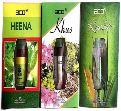 aco PERFUMES aco HINA , KHUS, KEWRA, 8ML attar roll on pack of 3 Floral Attar(Floral)