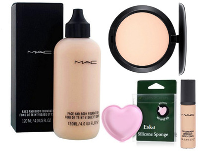 

eska Silicon puff With Mac Face And body Foundation With Pro Longwear concealer With Studio Fix Compact(Set of 4)