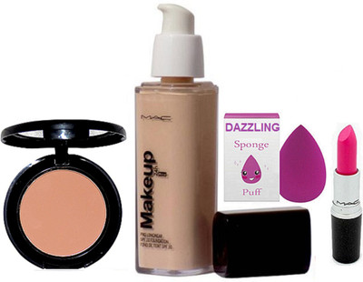 

Dazzling Sponge Puff & Makeup Pro LOngwear Foundation & Mac Compect & Pink Lipstick(Set of 4)