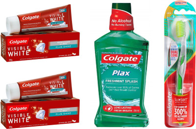 

Colgate Combo of 2 Visible white 100g toothpaste, 1 Plax Freshmint splash 250ml mouthwash, 1 Slimsoft advance toothbrush(Set of 3)