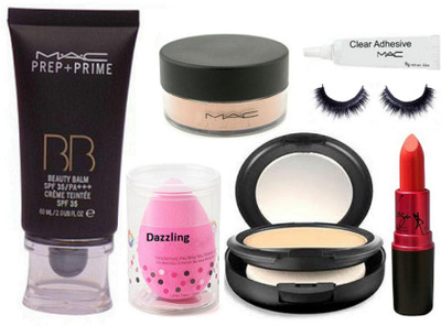

Dazzling Sponge Puff &Prep-Prime BB FoundationMac,Studio Fix Compact,Lady Gaga Lipstick,Loose Powder,Eyelashes glue,Eyelashes(Set of 7)